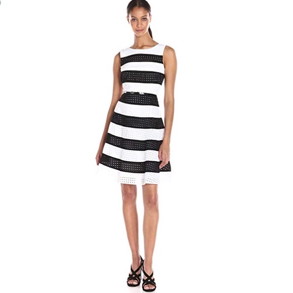 Calvin Klein Black & White Striped Eyelet Dress - Picture 2 of 5